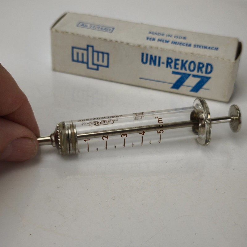 Vintage Glass Syringe 5 cc MLW Injecta Steinach Uni - Record 77 Germany #6087 gallery