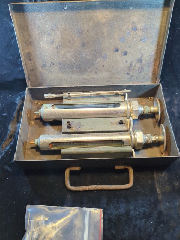 Vintage LOT Veterinary Syringes And Needles With Accessories Orignal Metal Box gallery