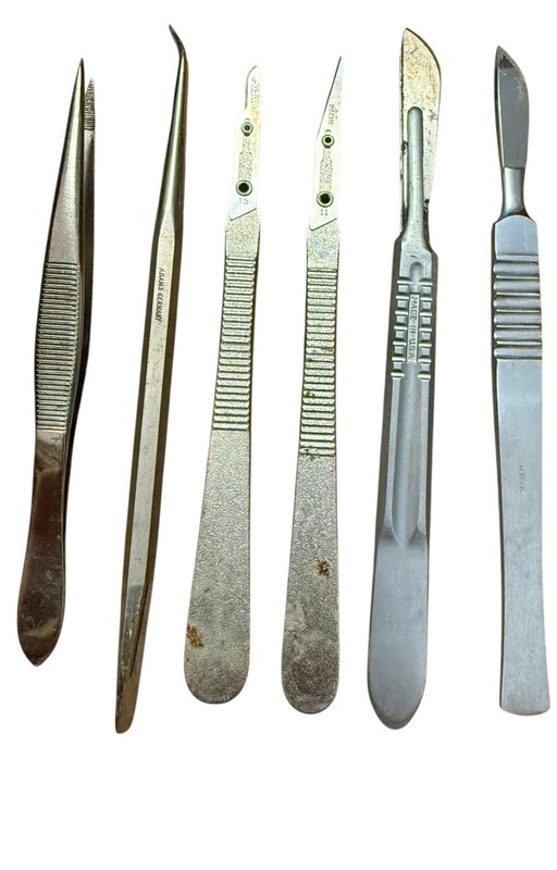 Lot 6 Vintage Medical Tools Bard Parker Scalpels Adam’s Pick Tweezers