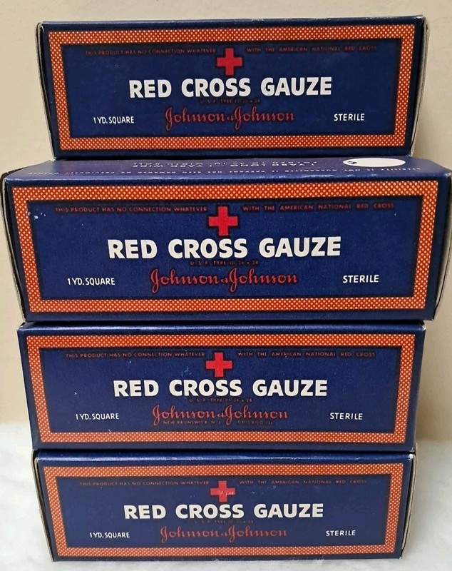 7 Sealed Vintage Boxes Johnson & Johnson Red Cross Gauze 1yd X 4.5 ” Movie Prop