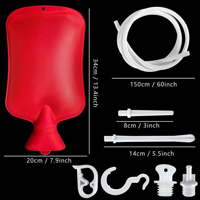 2 Quart Home Enema Bag Kit with Hose Tips and Water Flow Clamp - Red, Red gallery