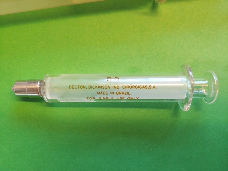 B-D Glass Hypodermic 10 cc Syringe Luer Lock. Made in Brazil