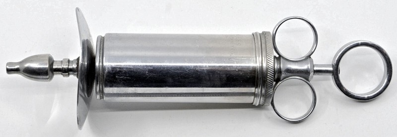 Vintage large metal irrigation syringe with nozzle and splash guard - Good gallery