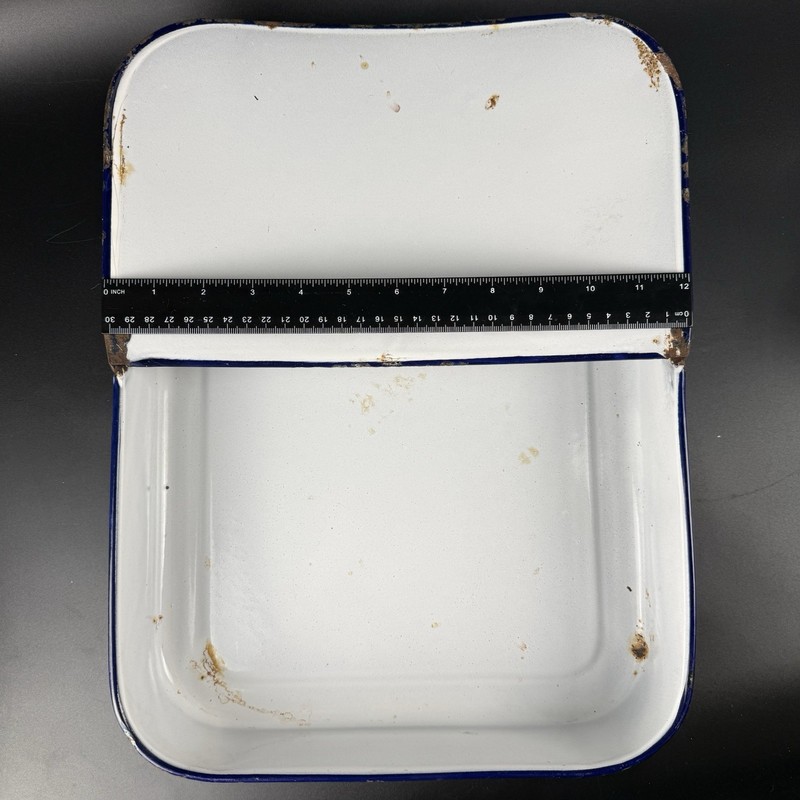 Vintage White Enamelware Medical Sterilization Tray Pan w/ Lid Blue Rim Rustic gallery