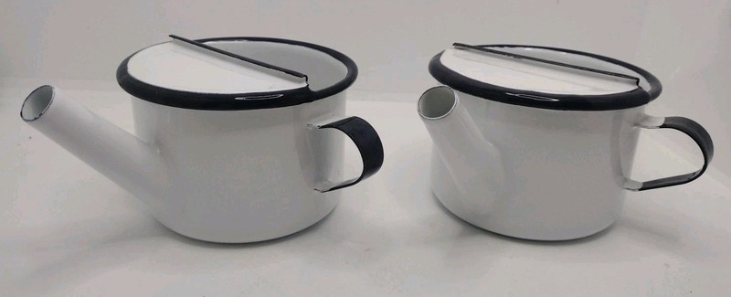 Pair Of Enamel Medical Feeding / Drinking Invalid Cup mug 20th Century Antique