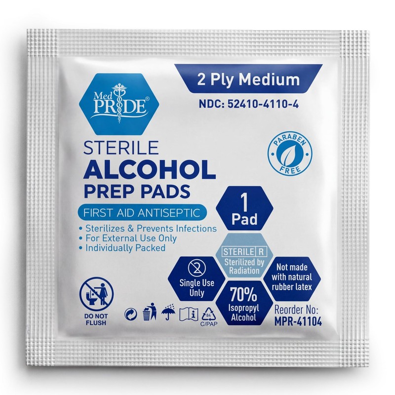 MED PRIDE Sterile Alcohol Prep Pads, Antiseptic, 100 Count (Pack of 1), White gallery