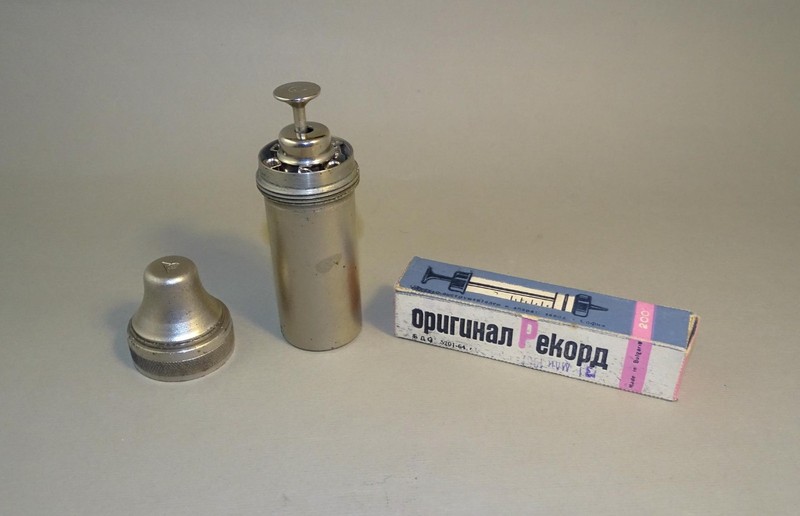 Vintage Glass & Metal Syringe 2ml in Metal Container Sterilizer w/ Spare Syringe