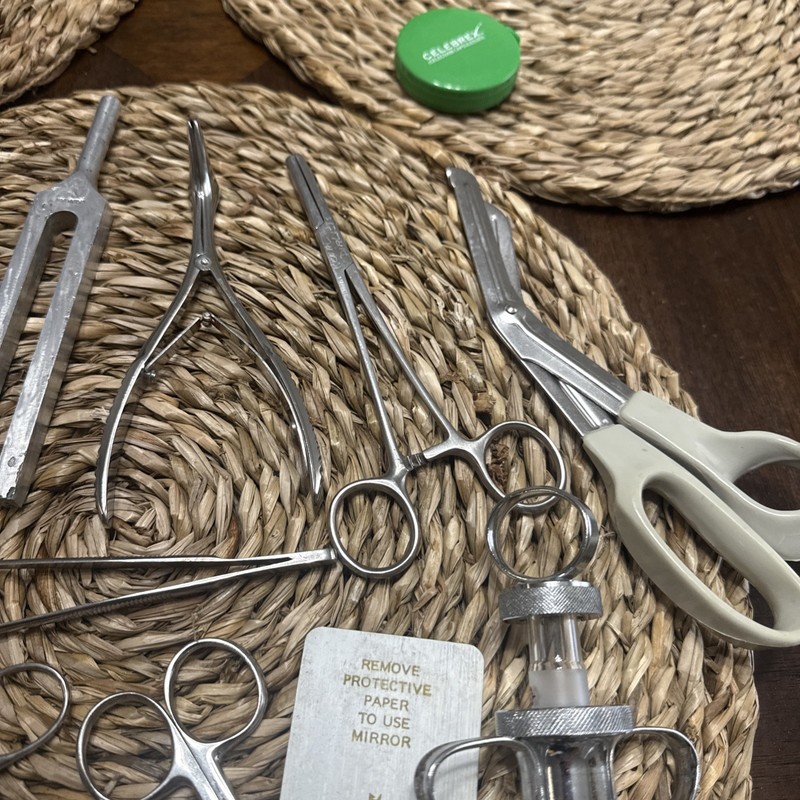 Vintage Medical Instruments Lot w/ Doctor Bag Syringe Hammers Tuning Forks gallery
