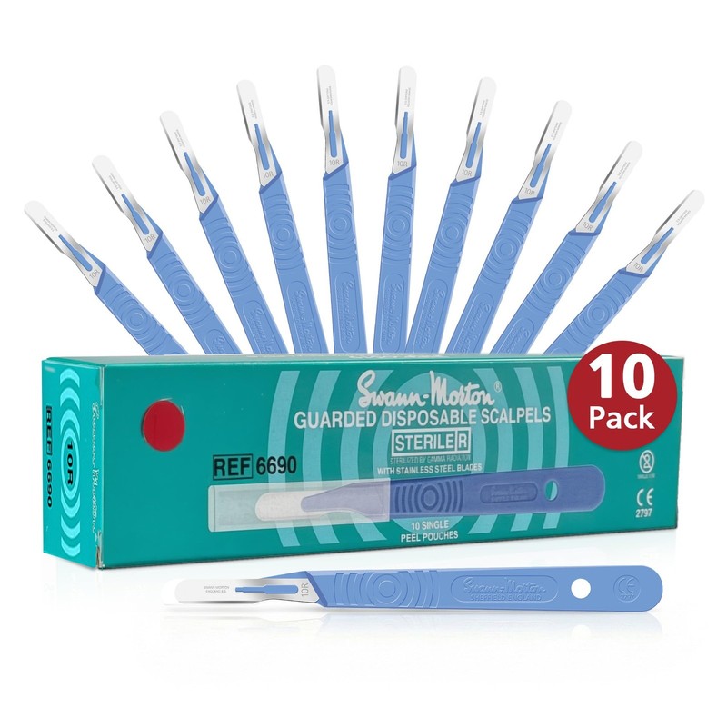 Swann Morton #10R Disposable Surgical Scalpel with Blade & Guard - Sterile...