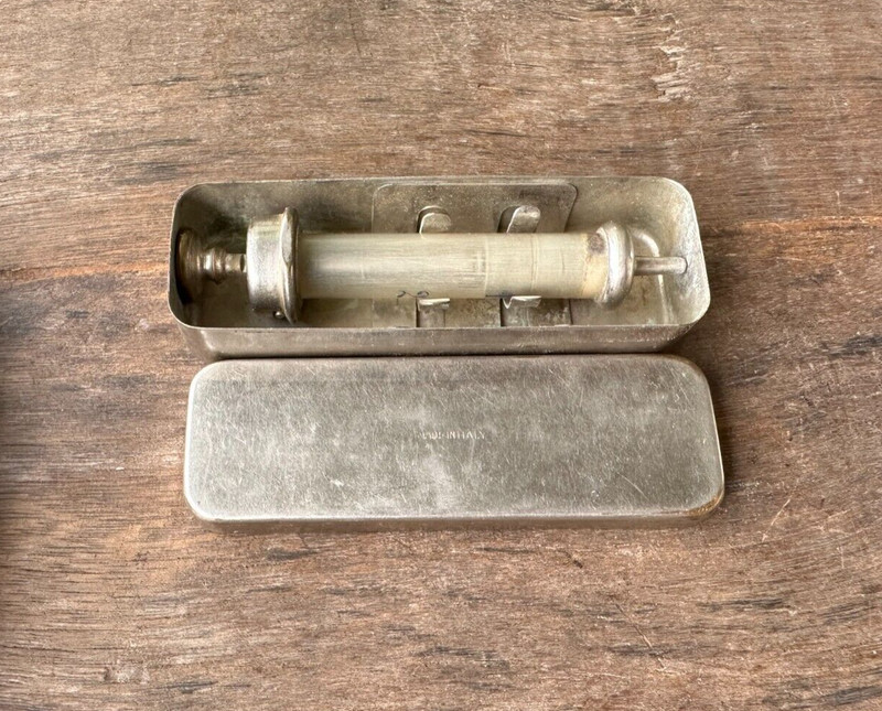 Vintage Old Collectible Rare Brass And Glass Unique Syringe With Box Italy Made