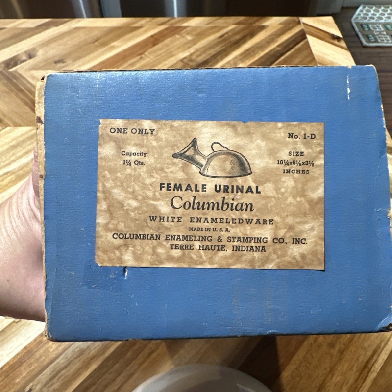 Vintage Female Enamel Urinal White NOS with Columbian Sticker Partially attached gallery