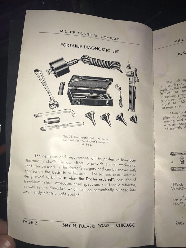 Antique Miller Portable Diagnostic Set w/Manual & Original Receipt Ca. 1945 gallery