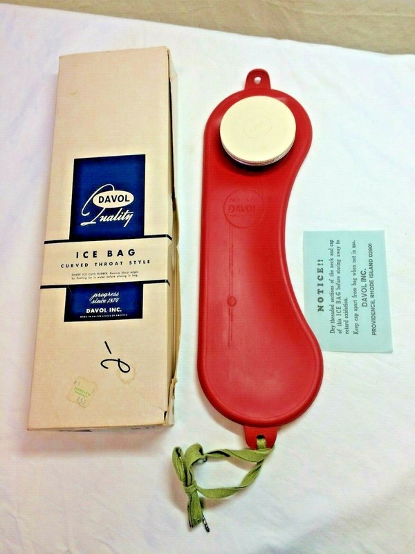 VINTAGE 1950-1960S DAVOL RUBBER CO RED CURVED THROAT ICE BAG IN BOX 372