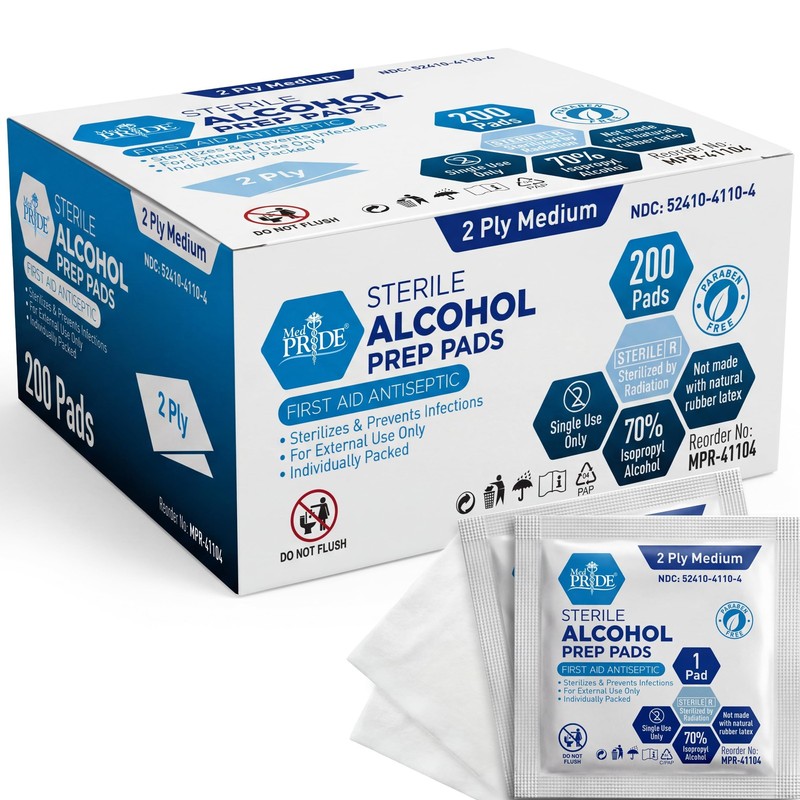 MED PRIDE Alcohol Prep Pads 200 Count Sterile Antiseptic Swabs First Aid Wipes