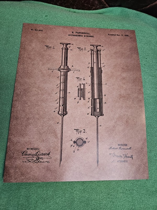 1st US PATENT of HYPODERMIC SYRINGE Art Print READY TO FRAME 1899 Papendell