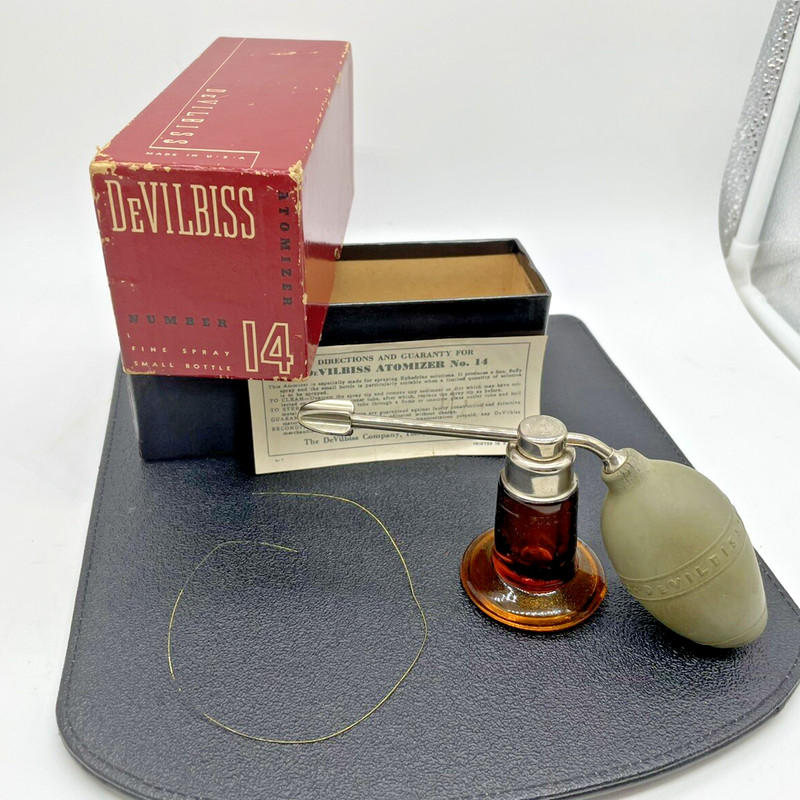 Vintage DeVilbiss Healthcare Atomizer #14 with Box and Paperwork USA Amber Glass