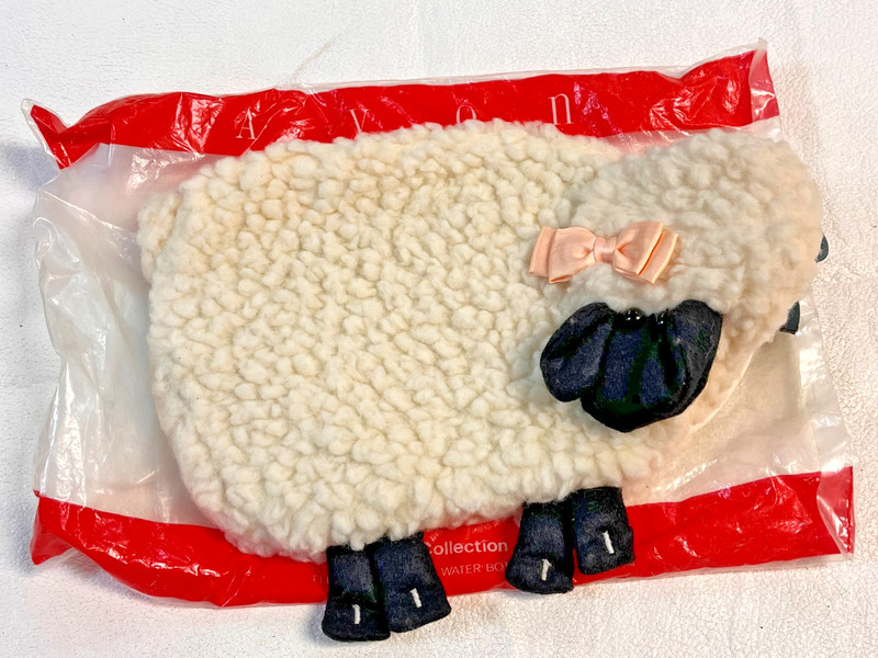 vintage AVON Fleecy Friend Sheep Figurine Wool Covered Hot Water Bottle - used