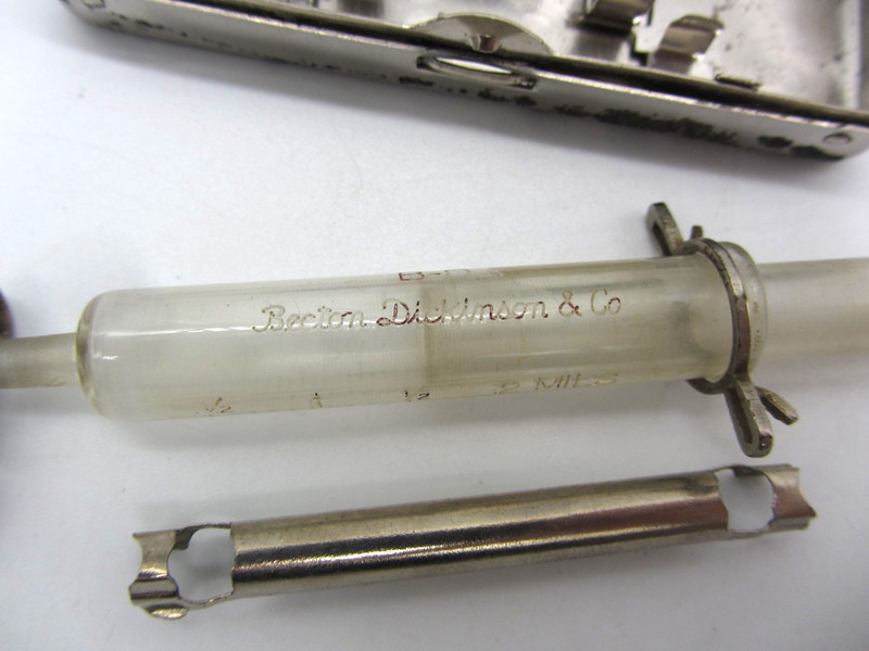 Antique Becton Dickinson & Co Glass Syringe Kit w/Nickel Silver Metal Case gallery