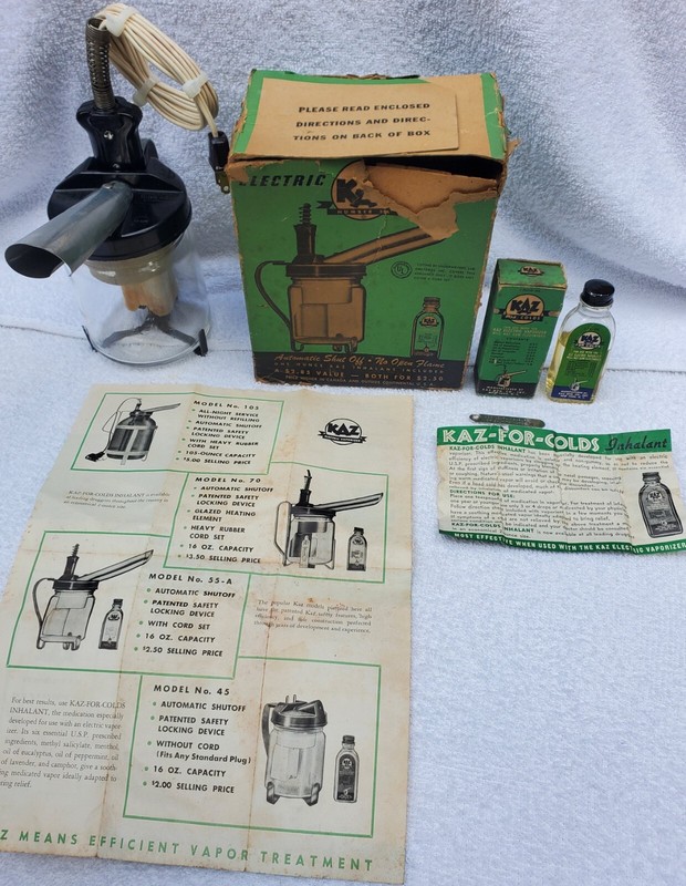 1933 Kaz for Colds Rare Complete Model 103 Humidifier Vaporizer w/ Packaging