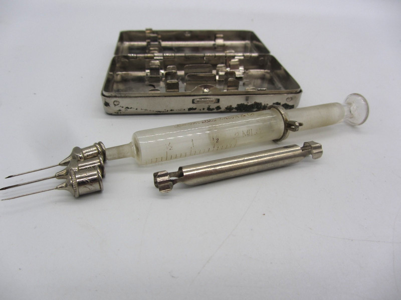 Antique Becton Dickinson & Co Glass Syringe Kit w/Nickel Silver Metal Case gallery