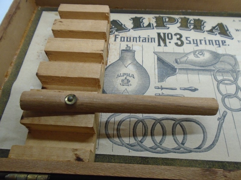 Antique "ALPHA" FOUNTAIN SYRINGE - No.3 - Wood Box w/Inside Rack - BEAUTIFUL! gallery