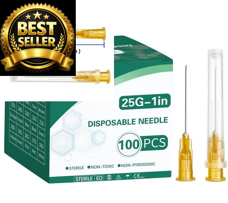 100Pack 25Ga 1 inch Needles(25mm) Luer Lock Lab Dispensing 25G 1
