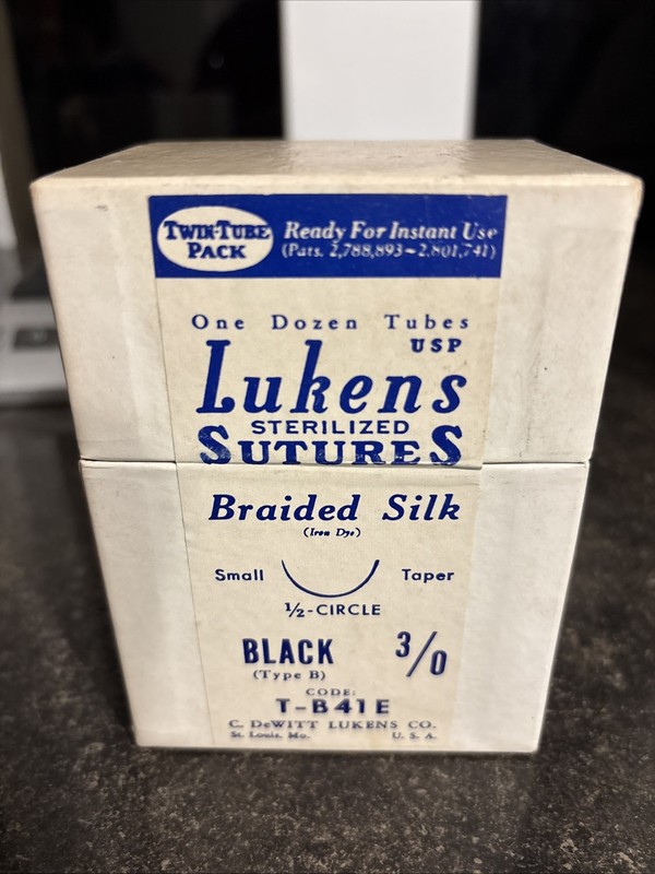 Vintage Lukens Sterilized Surgical Sutures full box of 12 T-B41E Black Type B