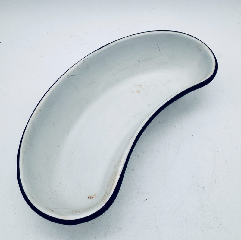 Vintage Enamelware White & Blue Medical Basin Emesis Tray Kidney Shaped