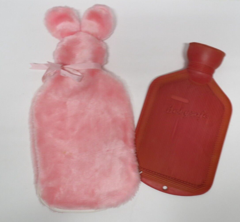 Vintage Babysafe Hot Water Bottle Red Rubber w/ Pink Bunny Fleece Cover