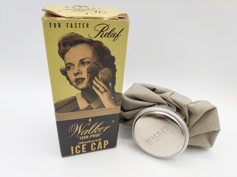 WALKER LEEK-PRUF 6" CHECKERED ICE CAP PACK IN BOX VINTAGE MEDICAL DEVICE DISPLAY