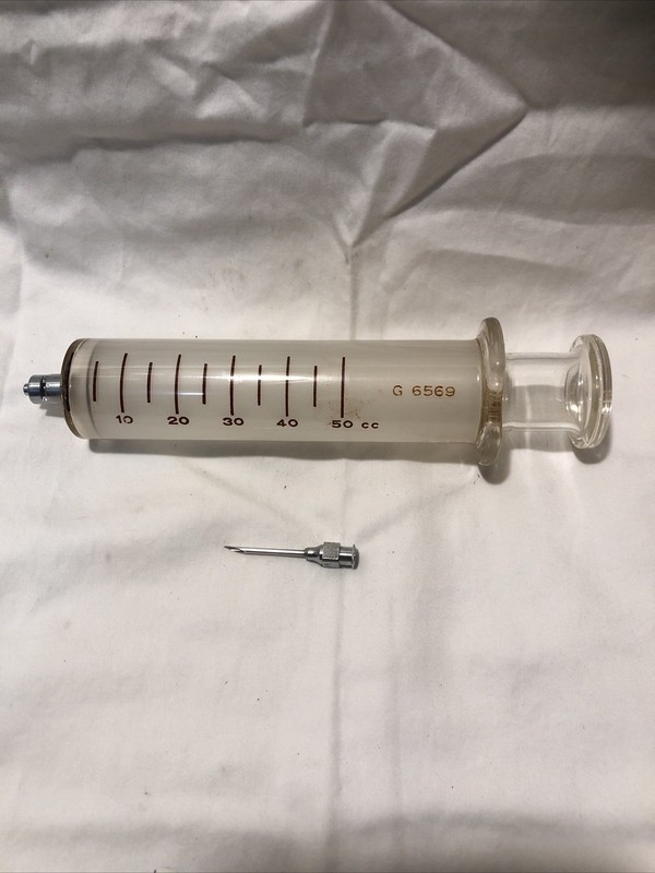 Vintage Propper Trophy Hypodermic Syringe 50cc Eccentric Glass Tip 1971 gallery