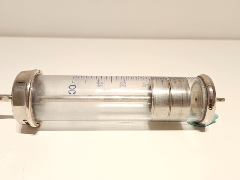 VINTAGE WW2 ERA RARE BIG 50 cc METAL AND GLASS GERMANY MEDICAL SYRINGE "INJECTA" gallery