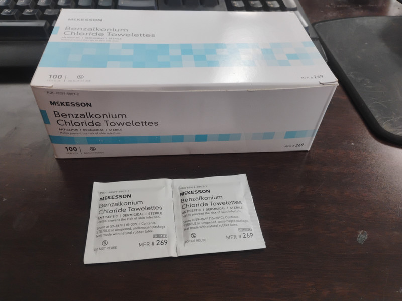 100-count box of McKesson brand Benzalkonium Chloride towelettes #269