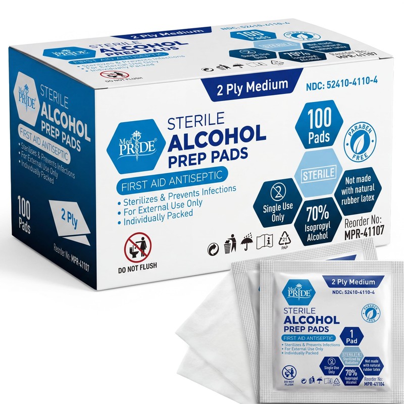 MED PRIDE Sterile Alcohol Prep Pads, Antiseptic, 100 Count (Pack of 1), White