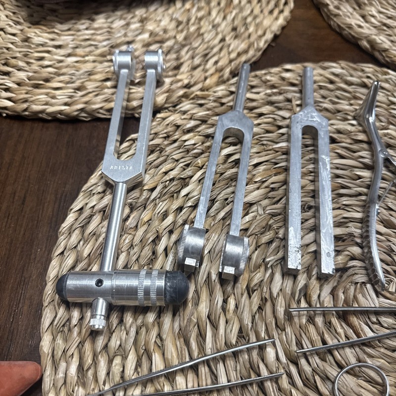 Vintage Medical Instruments Lot w/ Doctor Bag Syringe Hammers Tuning Forks gallery