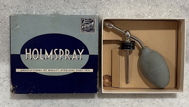 Vtg Holmspray Throat Nasal ATOMIZER #540 Bulb Cap Box No Bottle Chartley, Mass