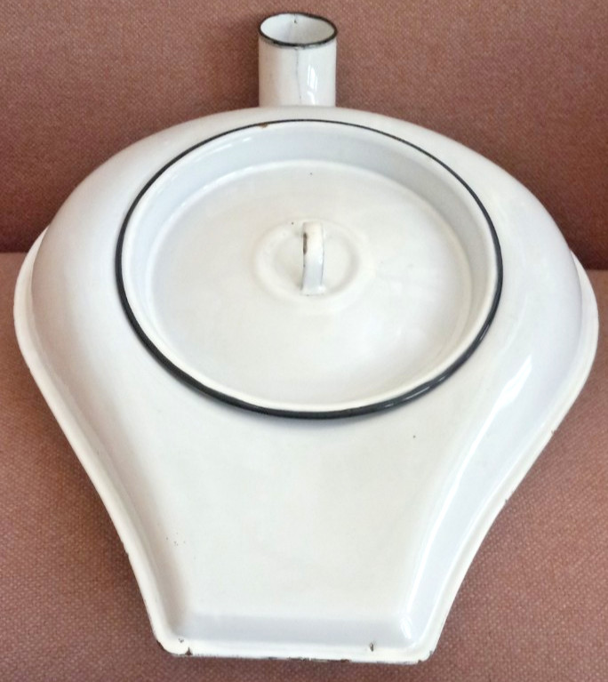 Vintage Unbranded White with Black Trim Enamelware Metal Bedpan/Urinal with Lid