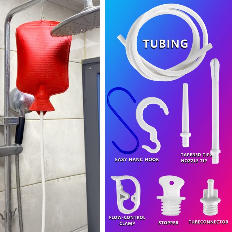 2L Home Enema Bag Kit with 2 Tips, 60 Inch Silicone Hose, Red, Red gallery