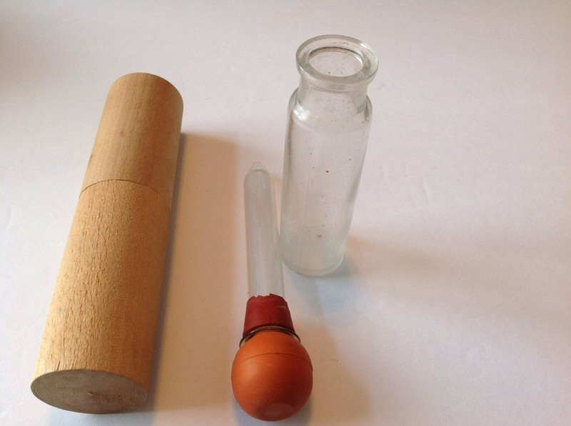 Vintage Rubber Bulb Glass Syringe In Wood Tube Container. Measurements Are Below gallery