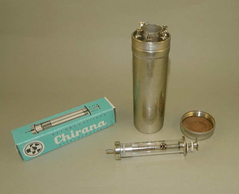 Vintage Glass & Metal Syringe 5ml in Brass Container Sterilizer + Spare Syringe
