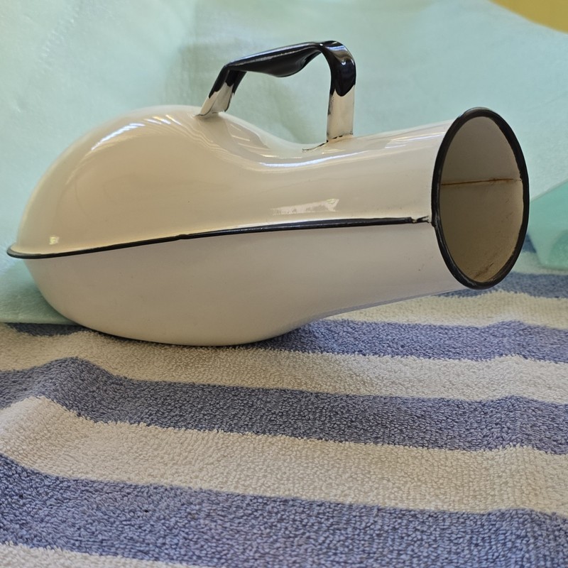 Vintage White Enamelware Bedpan/Urinal w/ Black Rim & Handle