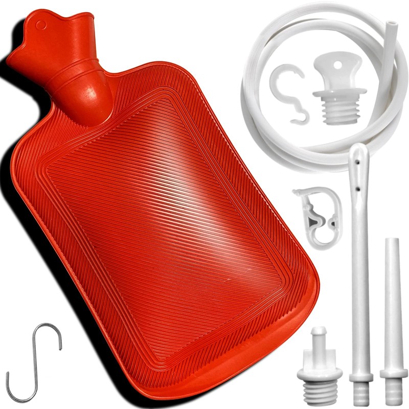 2 Quart Home Enema Bag Kit with Hose Tips and Water Flow Clamp – Red, Red