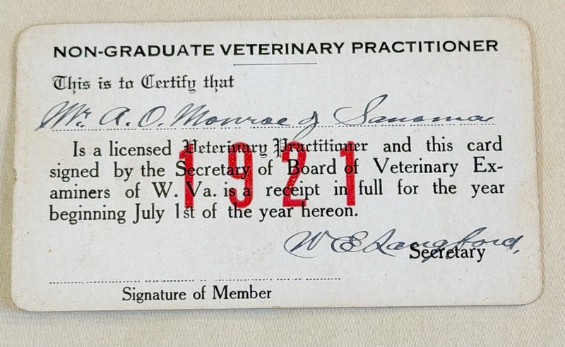 Rare 1921 West Virginia Non-Graduate Veterinary License Card Sonoma WV A.O. Monr gallery