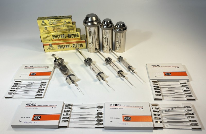 Rare NEW & ANTIQUE Medical Glass Syringe Kit (4pc)Syringe + Needle +Holder 1970: gallery