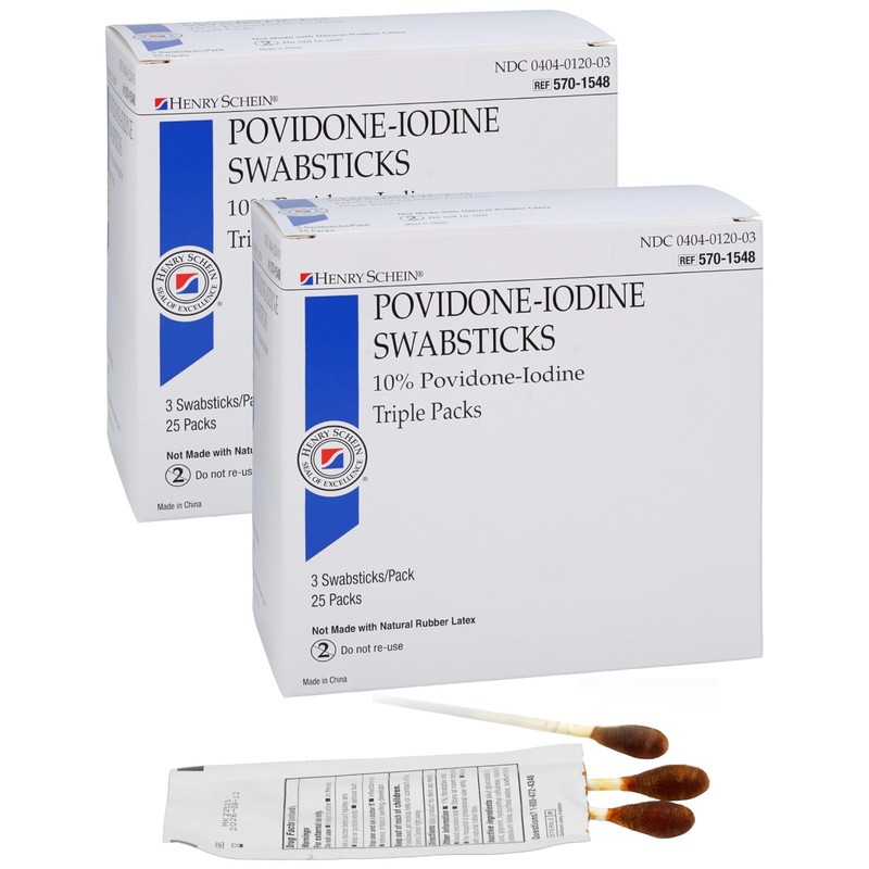 Henry Schein Prep Povidone-Iodine Swabsticks 3's, 50 Count (Pack of 2), White