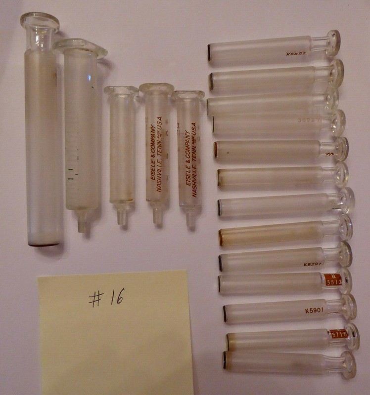 Lot vintage assorted glass plungers syringes: 2cc, 5 cc, 10cc? #16