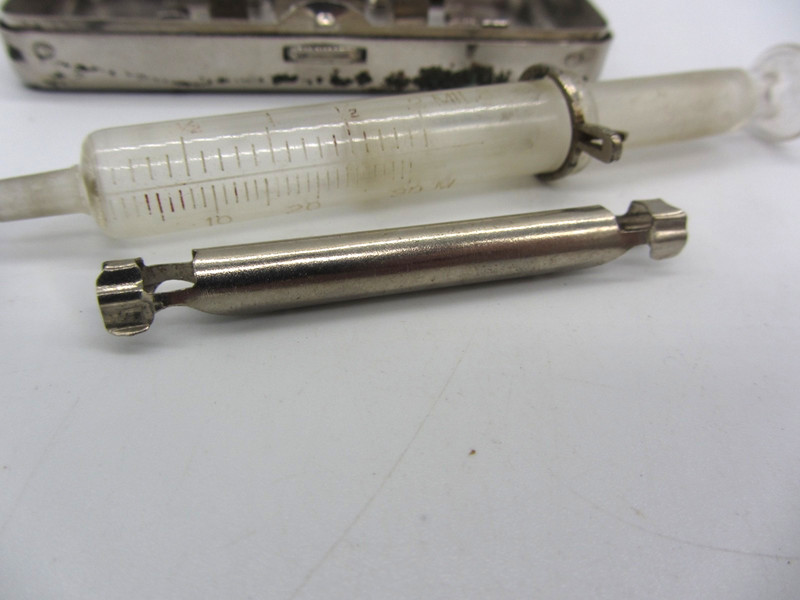 Antique Becton Dickinson & Co Glass Syringe Kit w/Nickel Silver Metal Case gallery