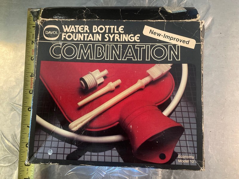 Davol Water Bottle Combination Syringe Antique Hot Water Bottle Red Open Box*
