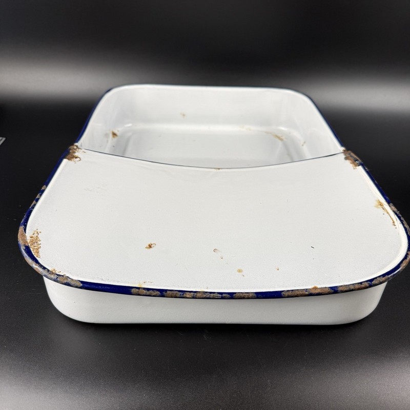 Vintage White Enamelware Medical Sterilization Tray Pan w/ Lid Blue Rim Rustic gallery