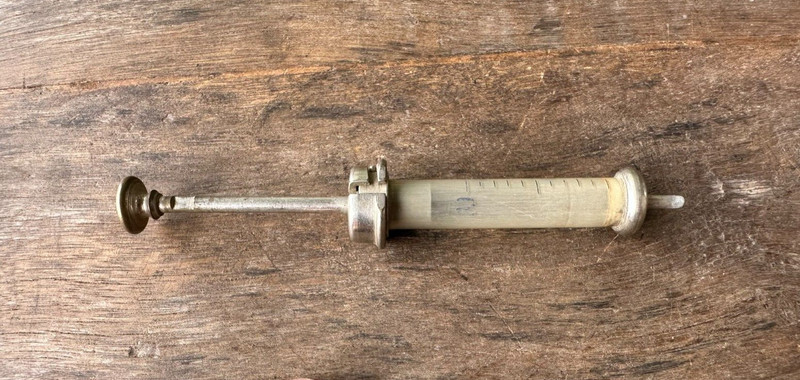 Vintage Old Collectible Rare Brass And Glass Unique Syringe With Box Italy Made gallery